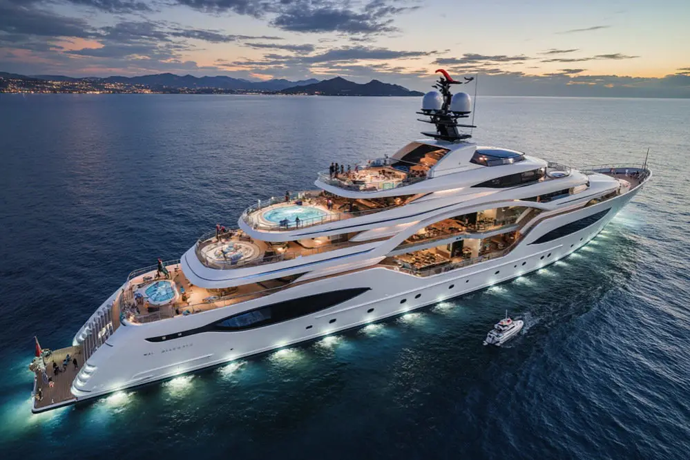 Large yacht moving through calm open water
