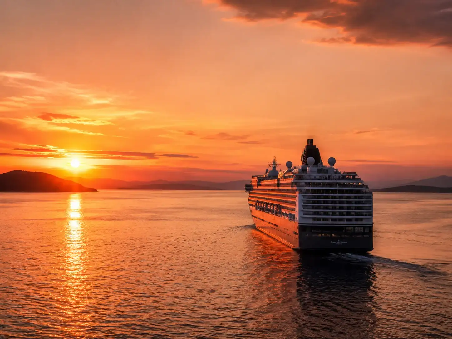 Passenger vessel travelling at sunset