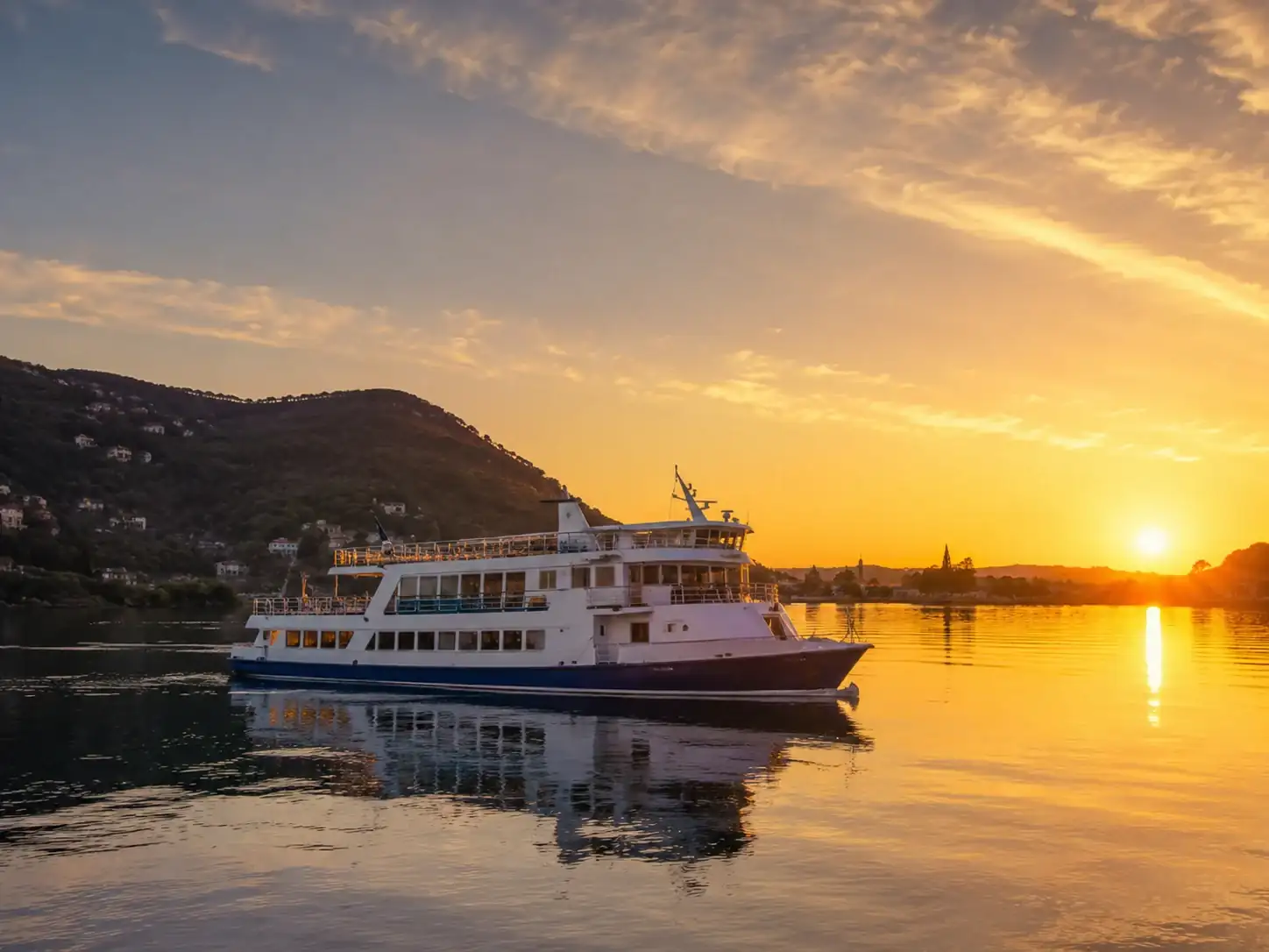 Passenger vessel on still water at sunset